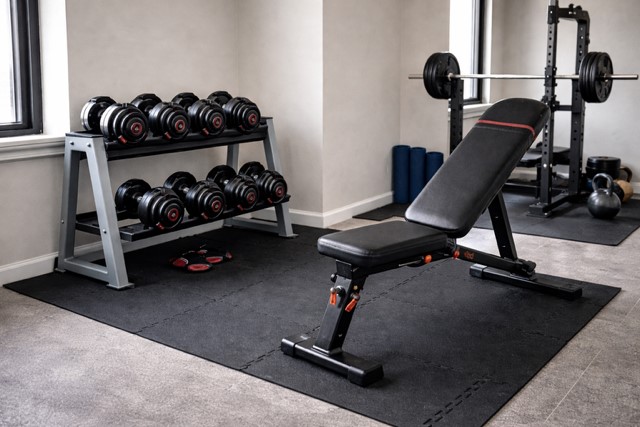 Beginner home gym setup with adjustable dumbbells, weight bench, and rubber flooring