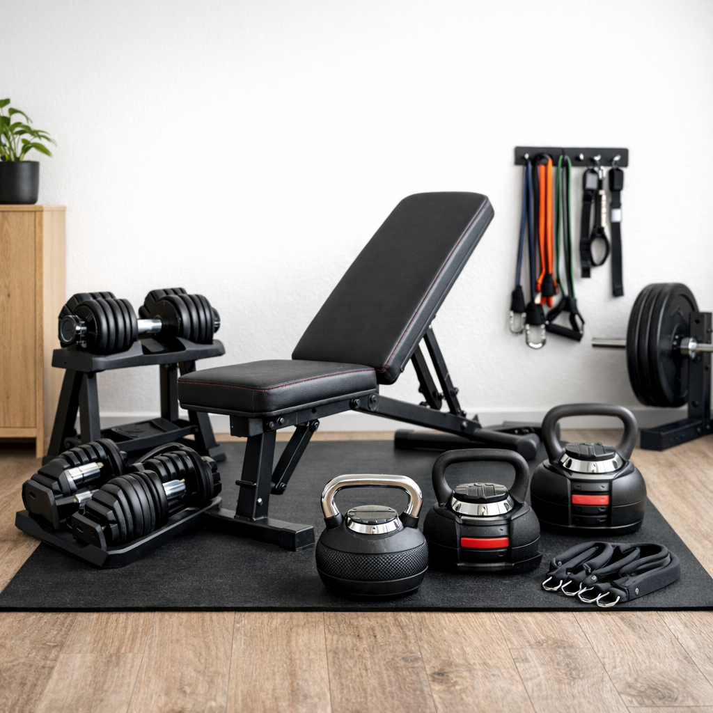 Adjustable dumbbells and adjustable weight bench in a compact home gym setup with kettlebells and resistance bands