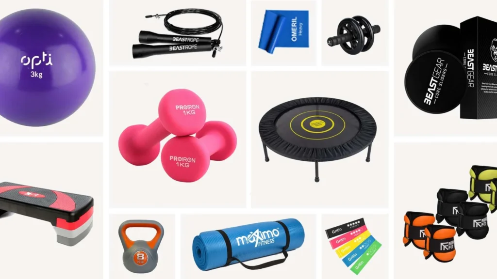 beginner home gym accessories including resistance bands, foam roller, lifting gloves, and workout mat