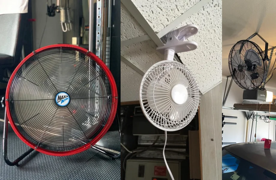High velocity utility fan placed in a garage home gym