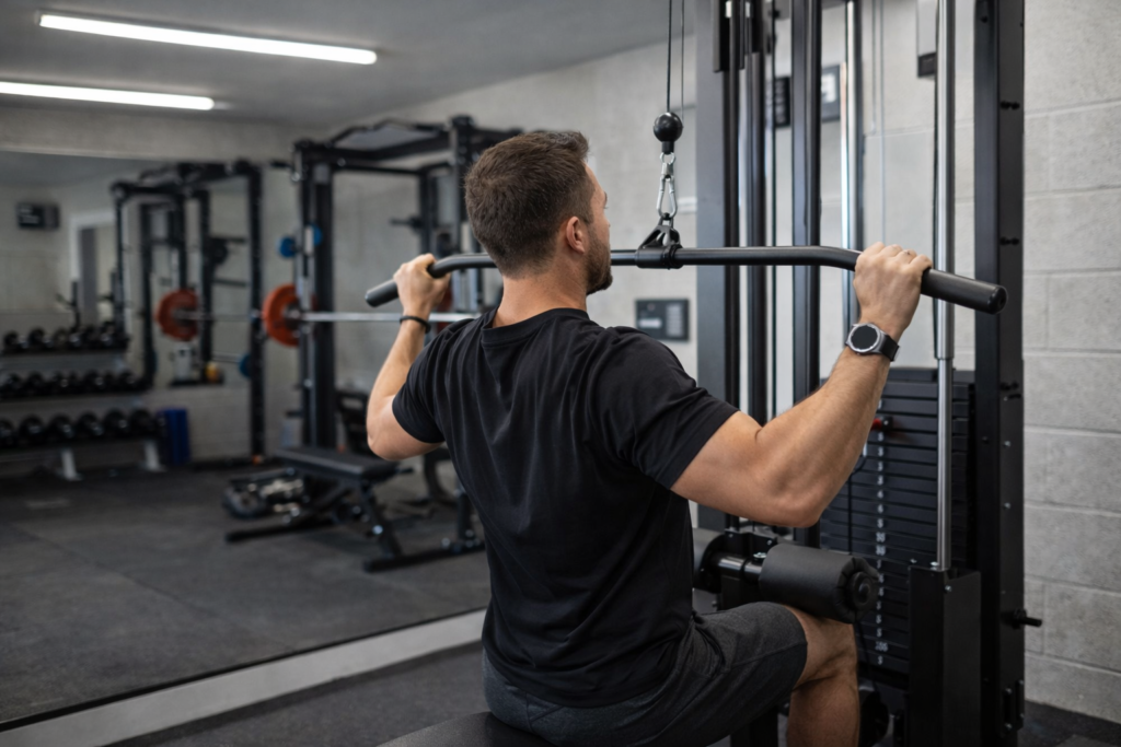 lat pulldown machine exercise in modern home gym setup