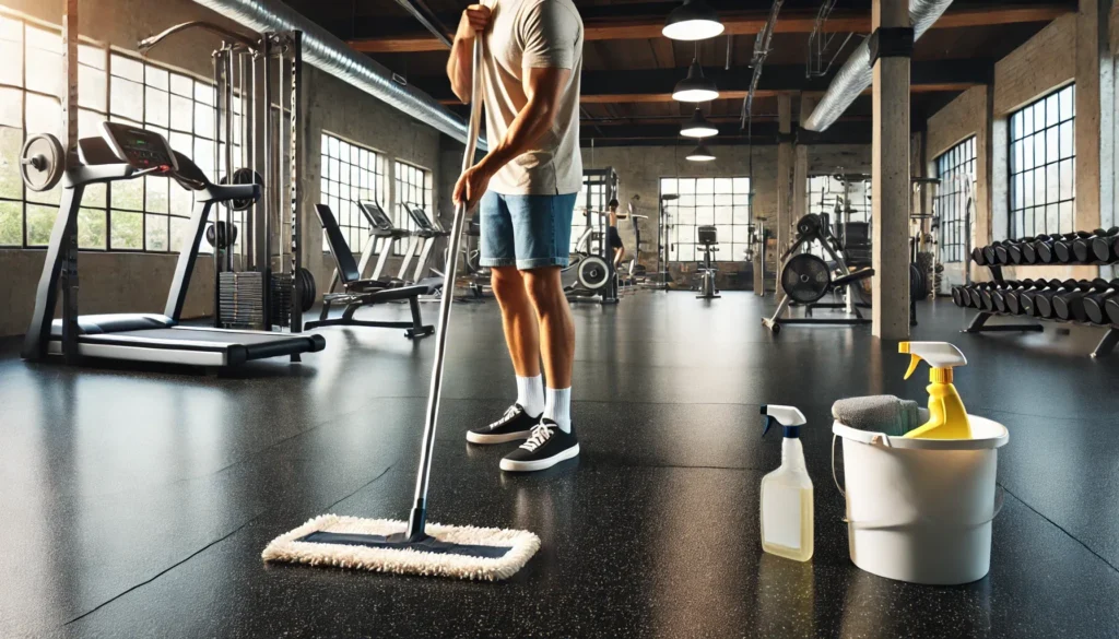 person cleaning home gym rubber flooring after workout