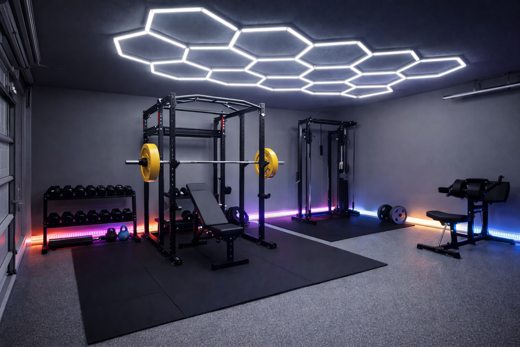 home gym lighting setup with hex LED ceiling lights and RGB strip lights in garage gym