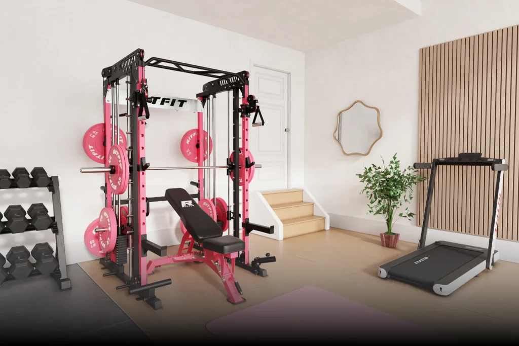 Beginner-friendly Smith machine setup with bench and weights in a home gym