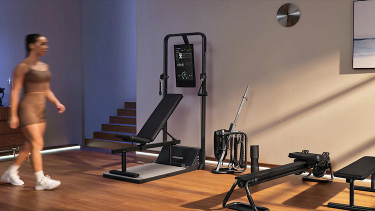 chest press machine in a clean garage home gym setup