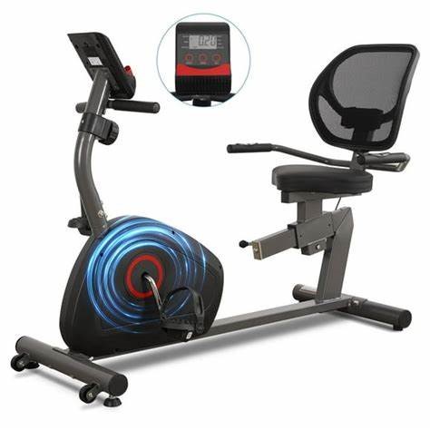 Recumbent exercise bike with console and padded backrest