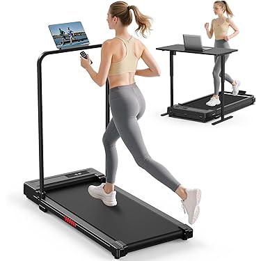 person using folding treadmill at home gym
