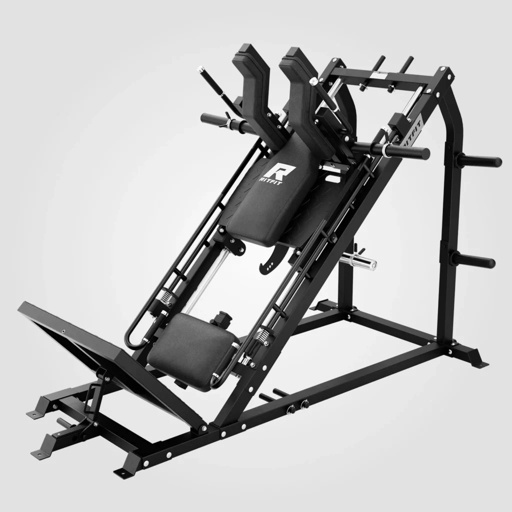 Hack squat and leg press machine in a modern home gym setup