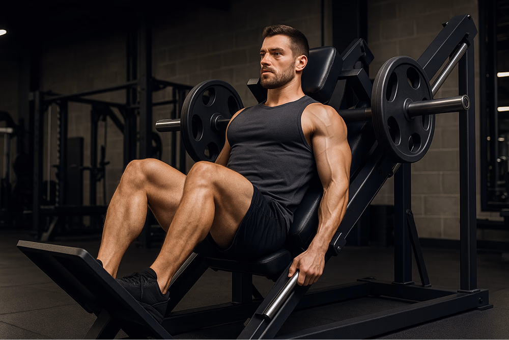 Person performing hack squat on a home gym machine with proper form