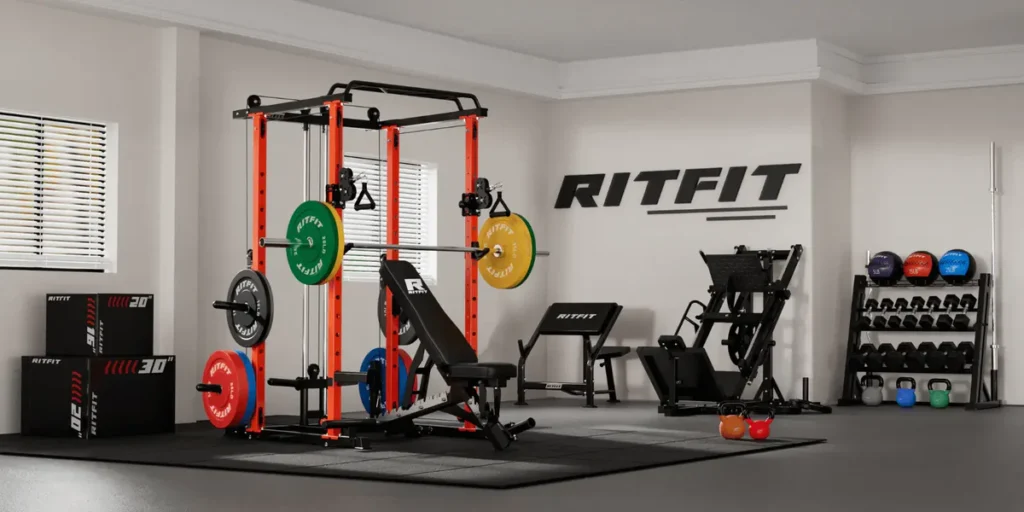 organized home gym layout in a garage with defined training zones and equipment placement