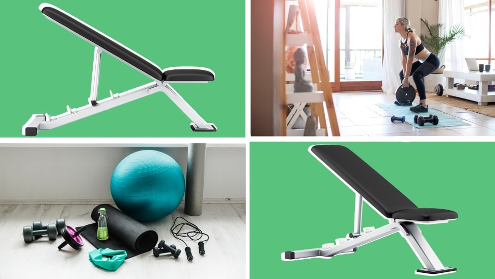 Home gym bench with dumbbells, mat, and cardio accessories arranged for a fat loss workout setup