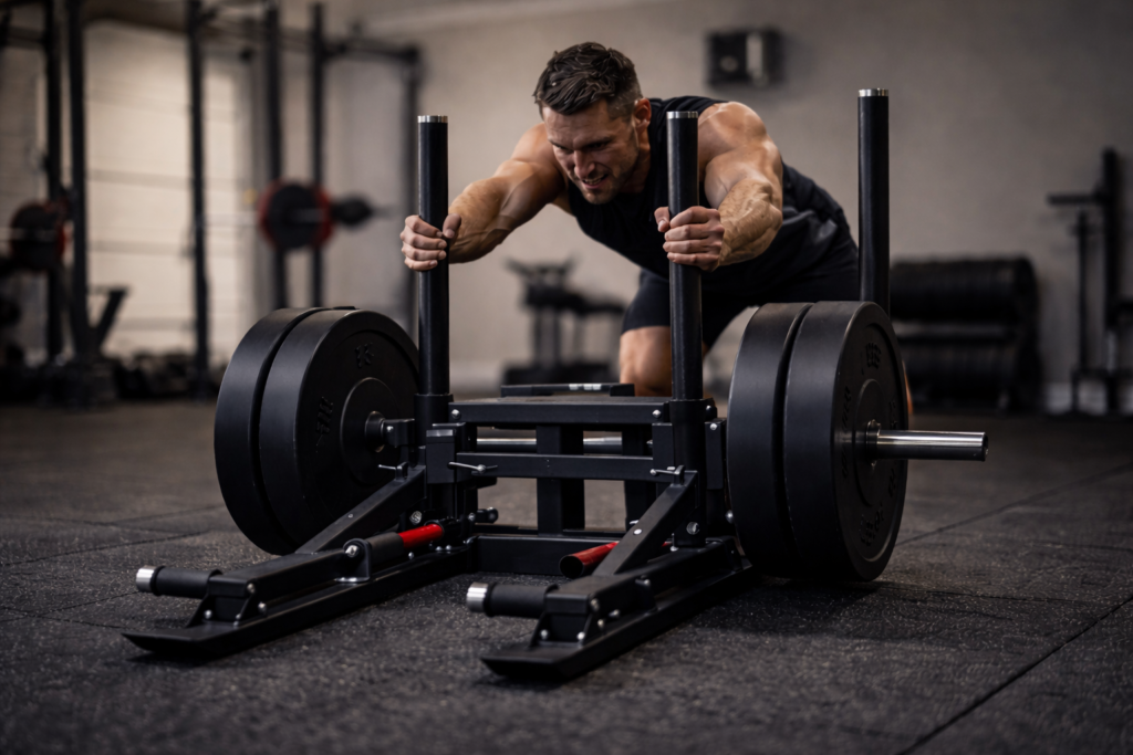 athlete using a sled push machine in a home gym